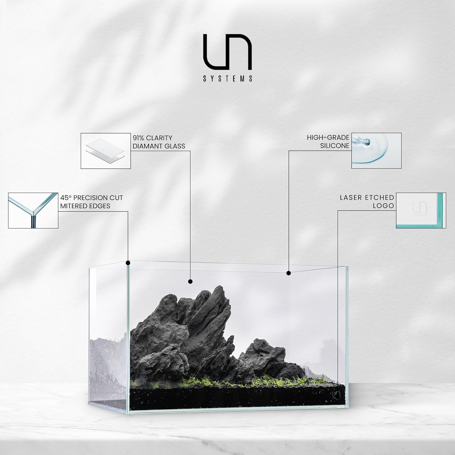 UNS Ultra Clear Rimless Cube Aquarium - Low Iron Glass Fish Tank