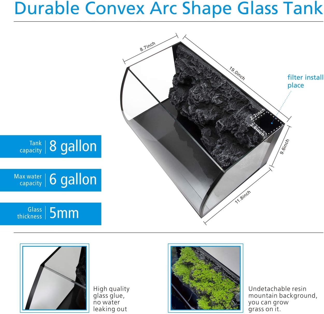 Horizon 8 Gallon LED Glass Aquarium Starter Kit - Curved Tank with 3D Background